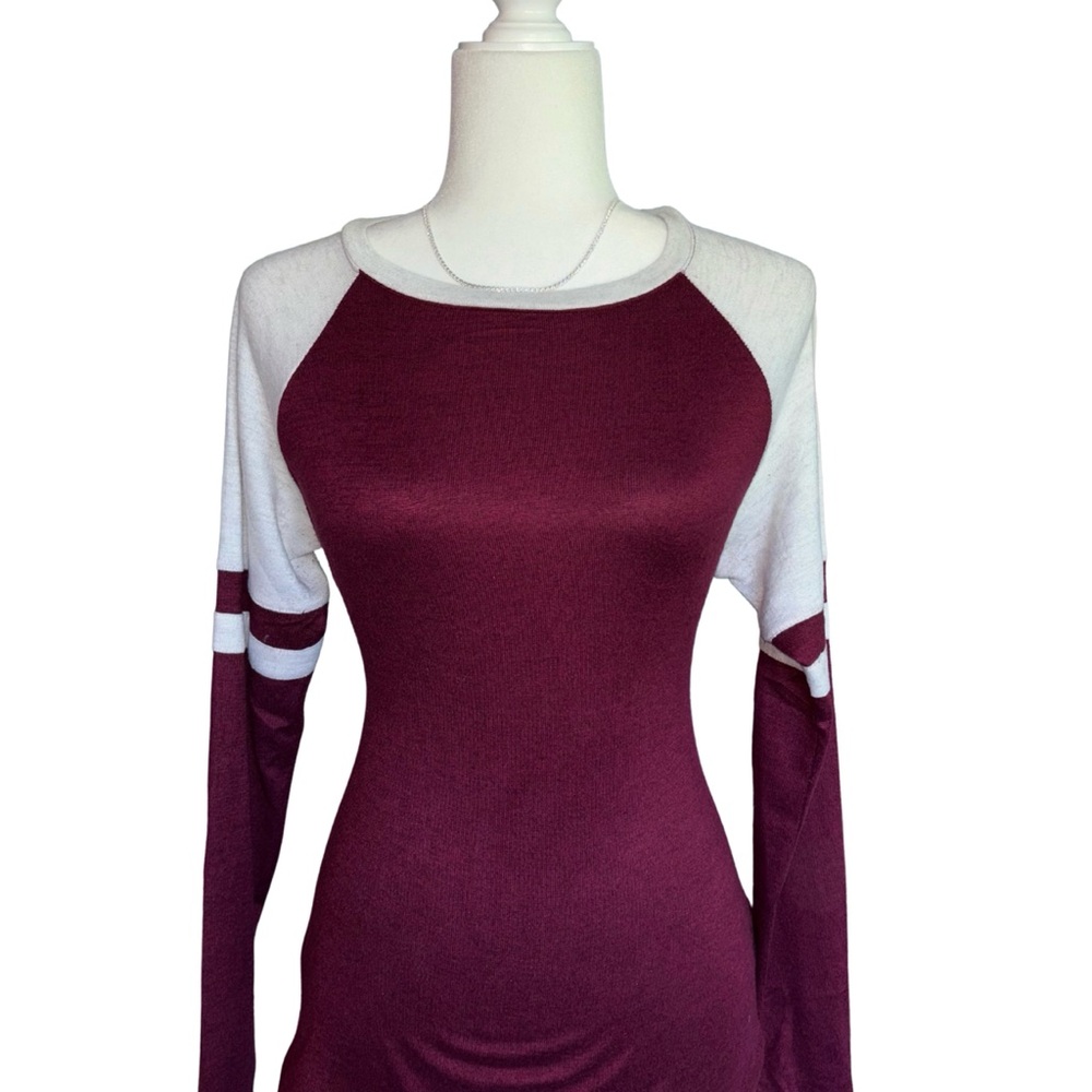 SO Women's Maroon and White Long Sleeve Varsity Stripe Jersey Top Size M